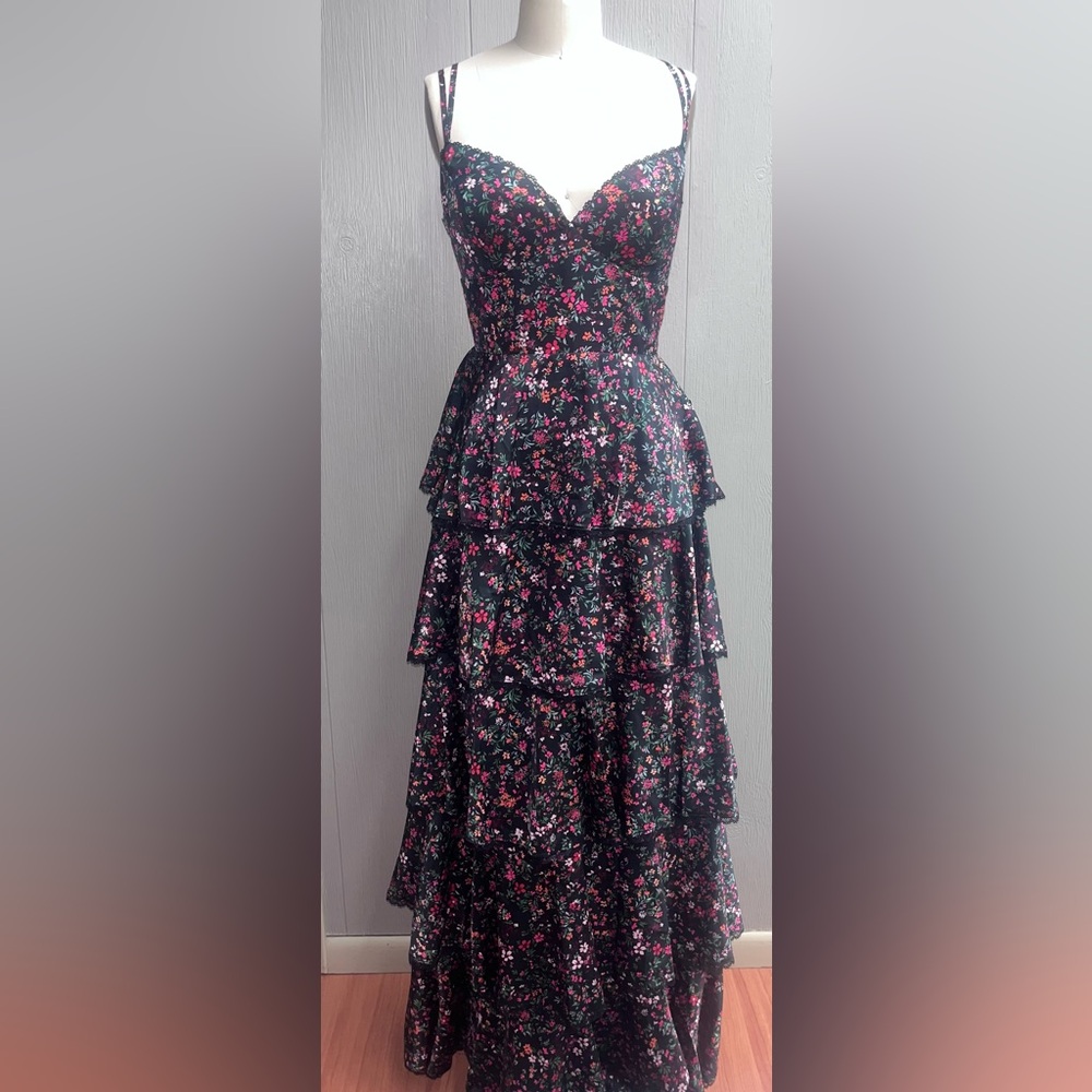 Floral Tiered Satin Dress
